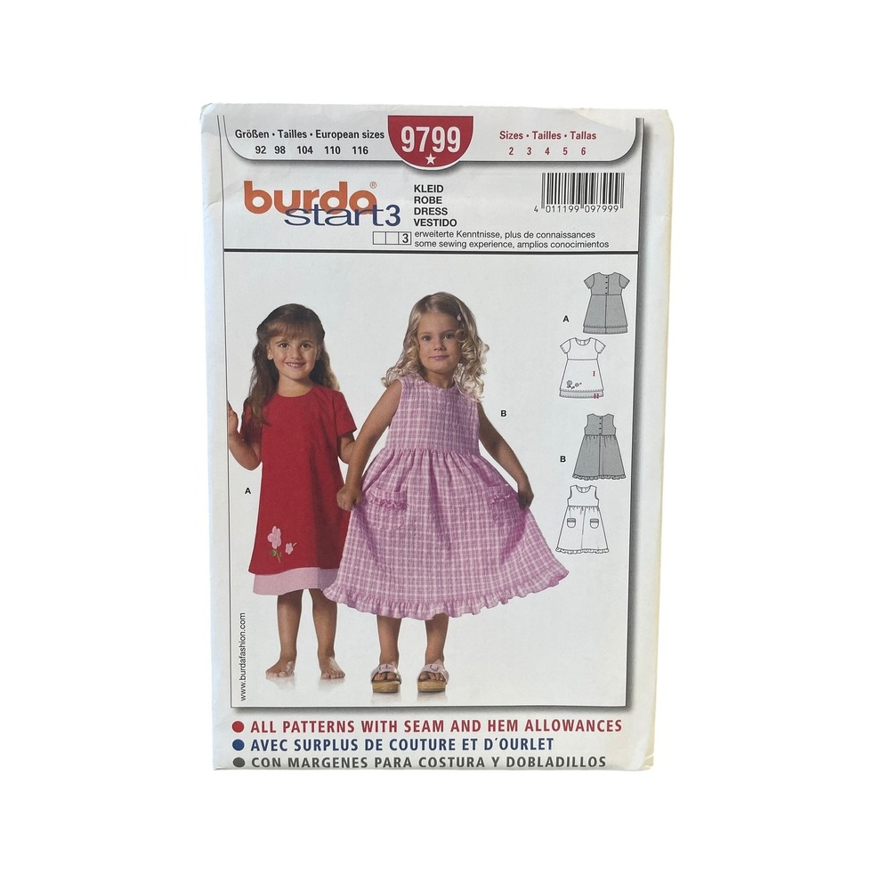 Burda 9799 Dress Sewing Pattern Girls Size 2-6 Semi-Fitted Ruffle Pocket Uncut